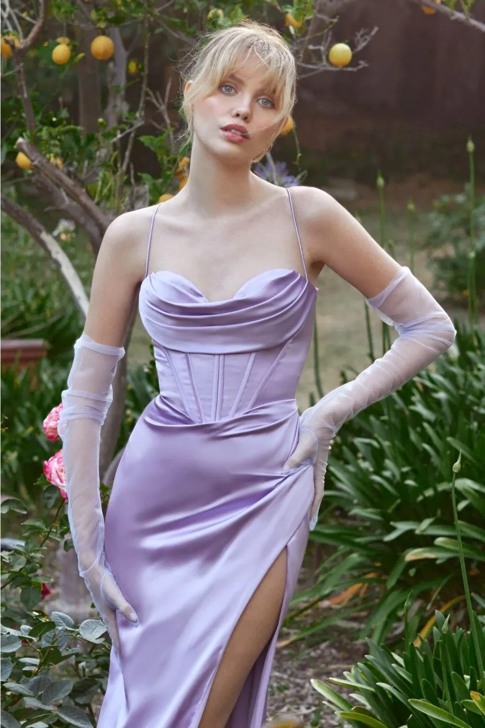 Cinderella Divine 7483 Long Corset Cowl Neckline Formal Satin Gown