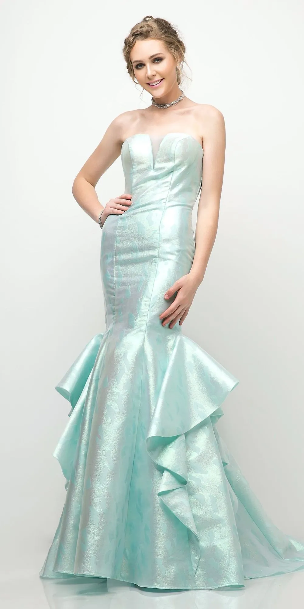 Cinderella Divine A5033 Strapless Jacquard Layered Mermaid Gown V-Neckline