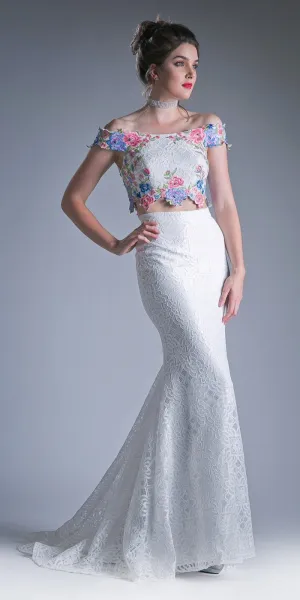 Cinderella Divine CA314 Two-Piece Off The Shoulder Fitted Dress Floral Appliques