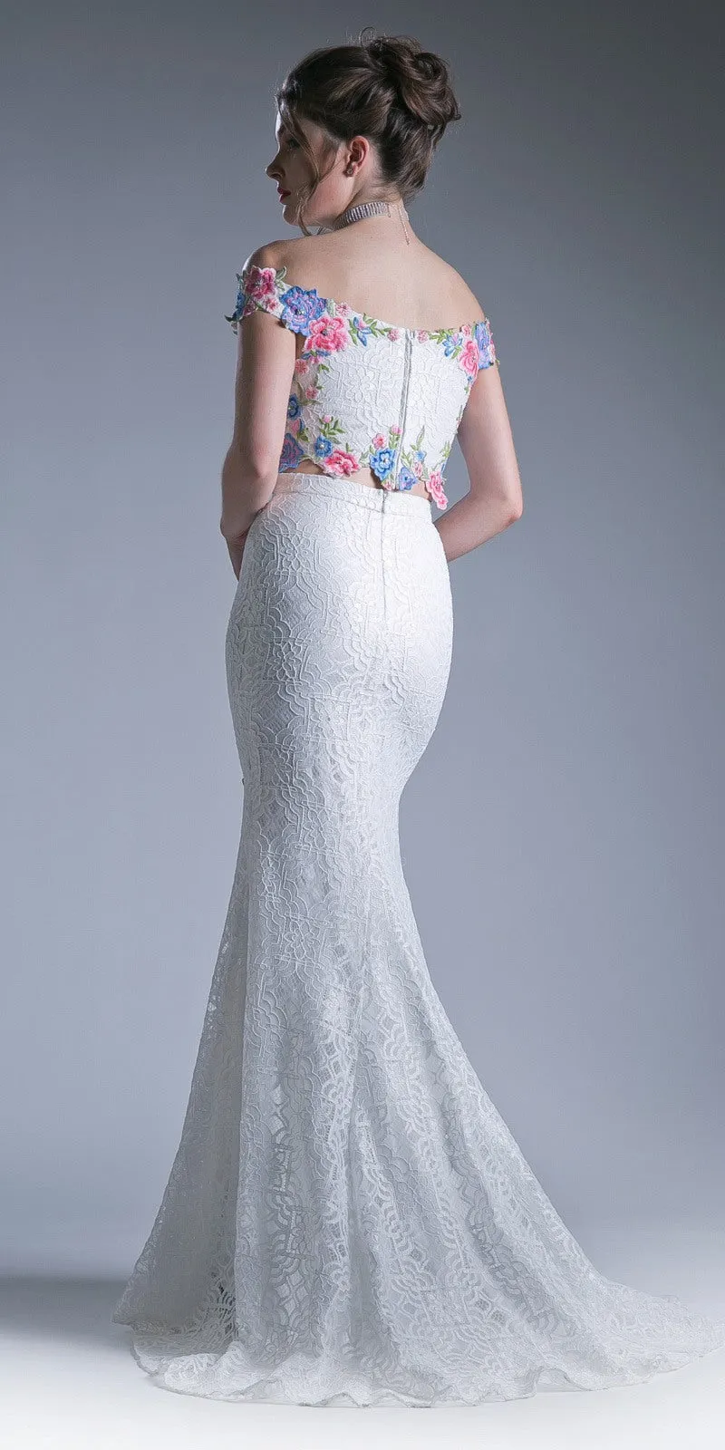 Cinderella Divine CA314 Two-Piece Off The Shoulder Fitted Dress Floral Appliques