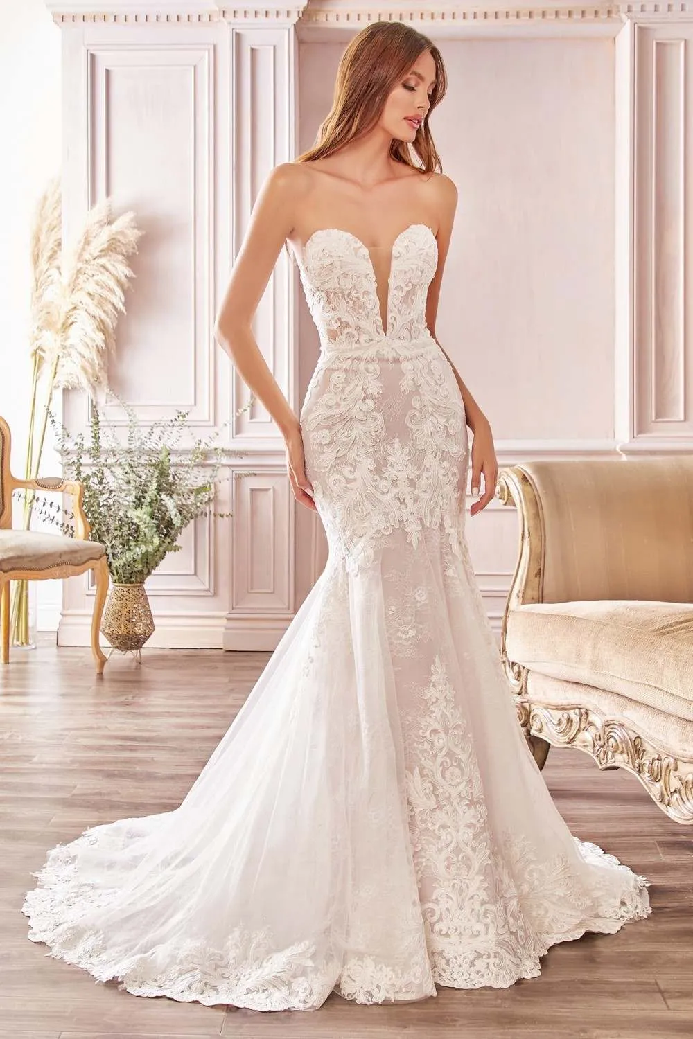 Cinderella Divine CD928 Strapless Trumpet Debutante Gown Layered Scalloped Eyelash Lace Train
