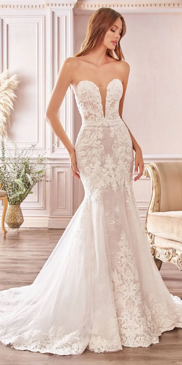 Cinderella Divine CD928 Strapless Trumpet Debutante Gown Layered Scalloped Eyelash Lace Train