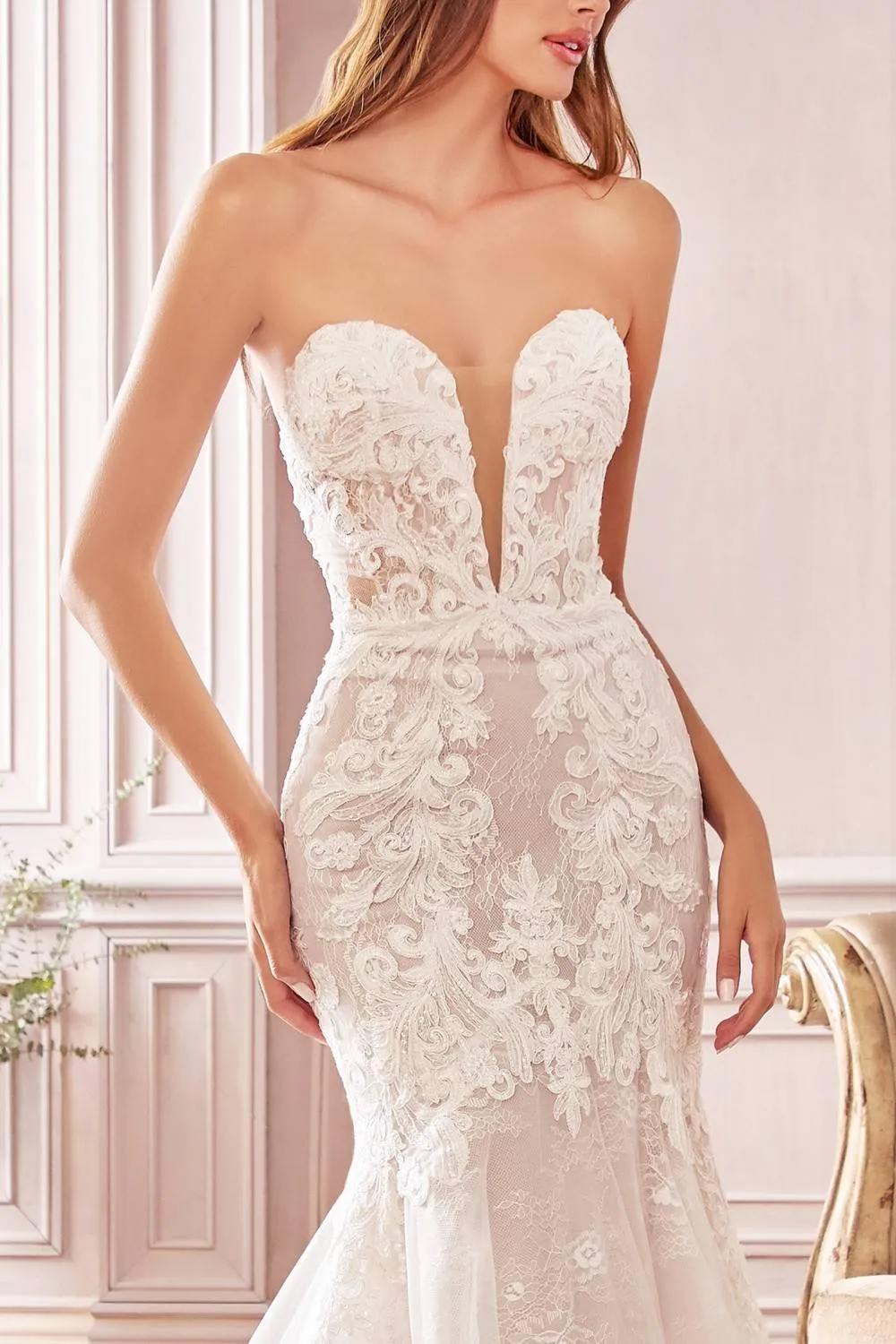 Cinderella Divine CD928 Strapless Trumpet Debutante Gown Layered Scalloped Eyelash Lace Train