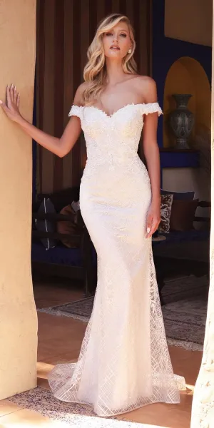 Cinderella Divine CD929 Fitted Off The Shoulder Bridal Gown Floral Lace Applique