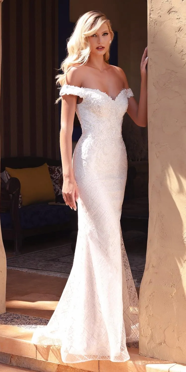 Cinderella Divine CD929 Fitted Off The Shoulder Bridal Gown Floral Lace Applique