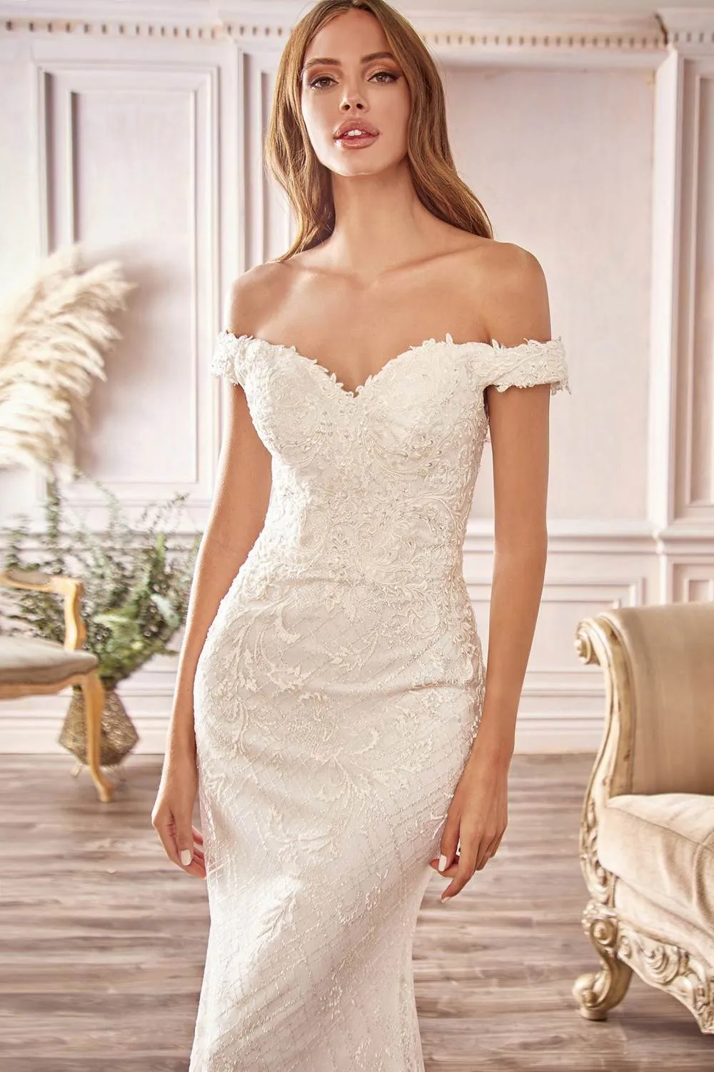 Cinderella Divine CD929 Fitted Off The Shoulder Bridal Gown Floral Lace Applique