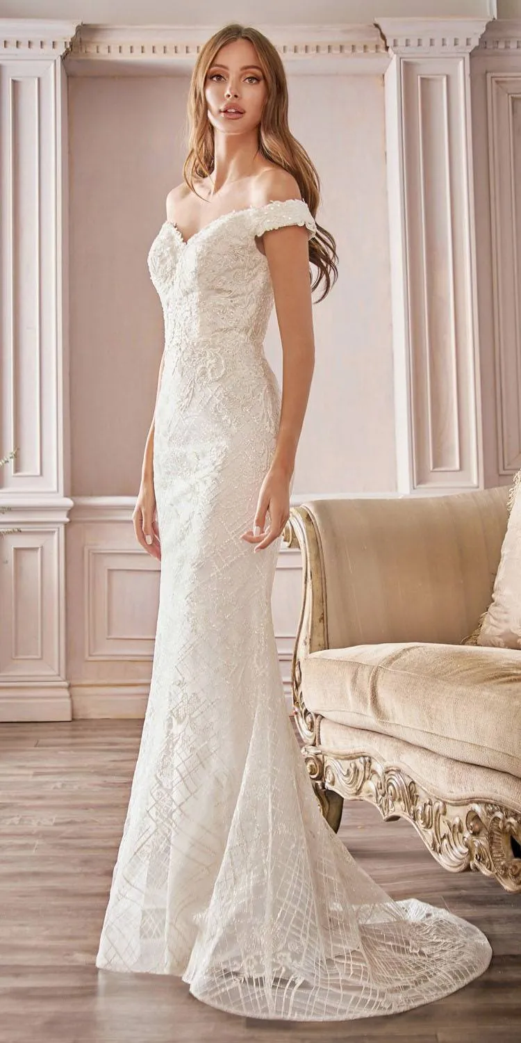 Cinderella Divine CD929 Fitted Off The Shoulder Bridal Gown Floral Lace Applique
