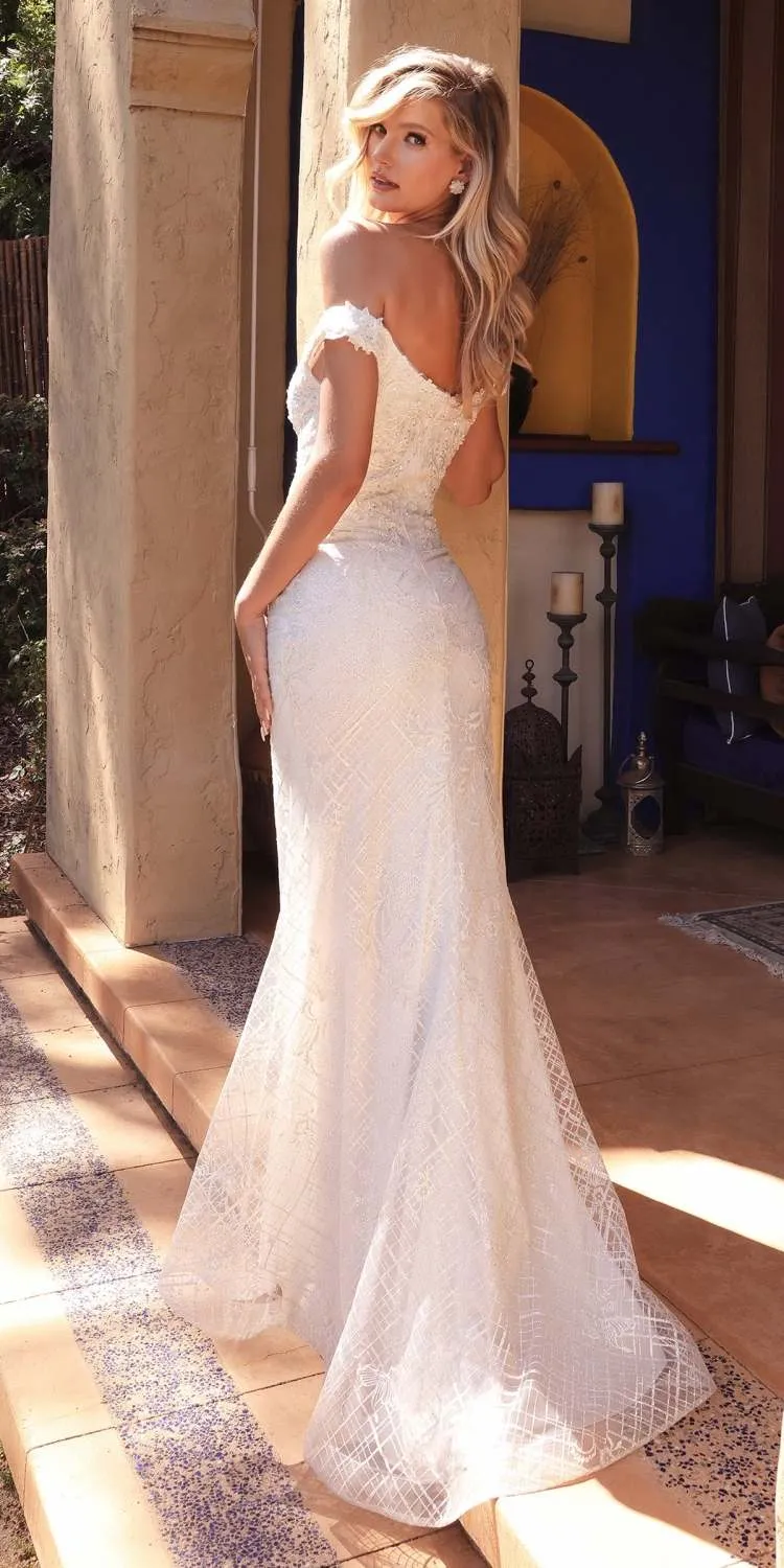 Cinderella Divine CD929 Fitted Off The Shoulder Bridal Gown Floral Lace Applique