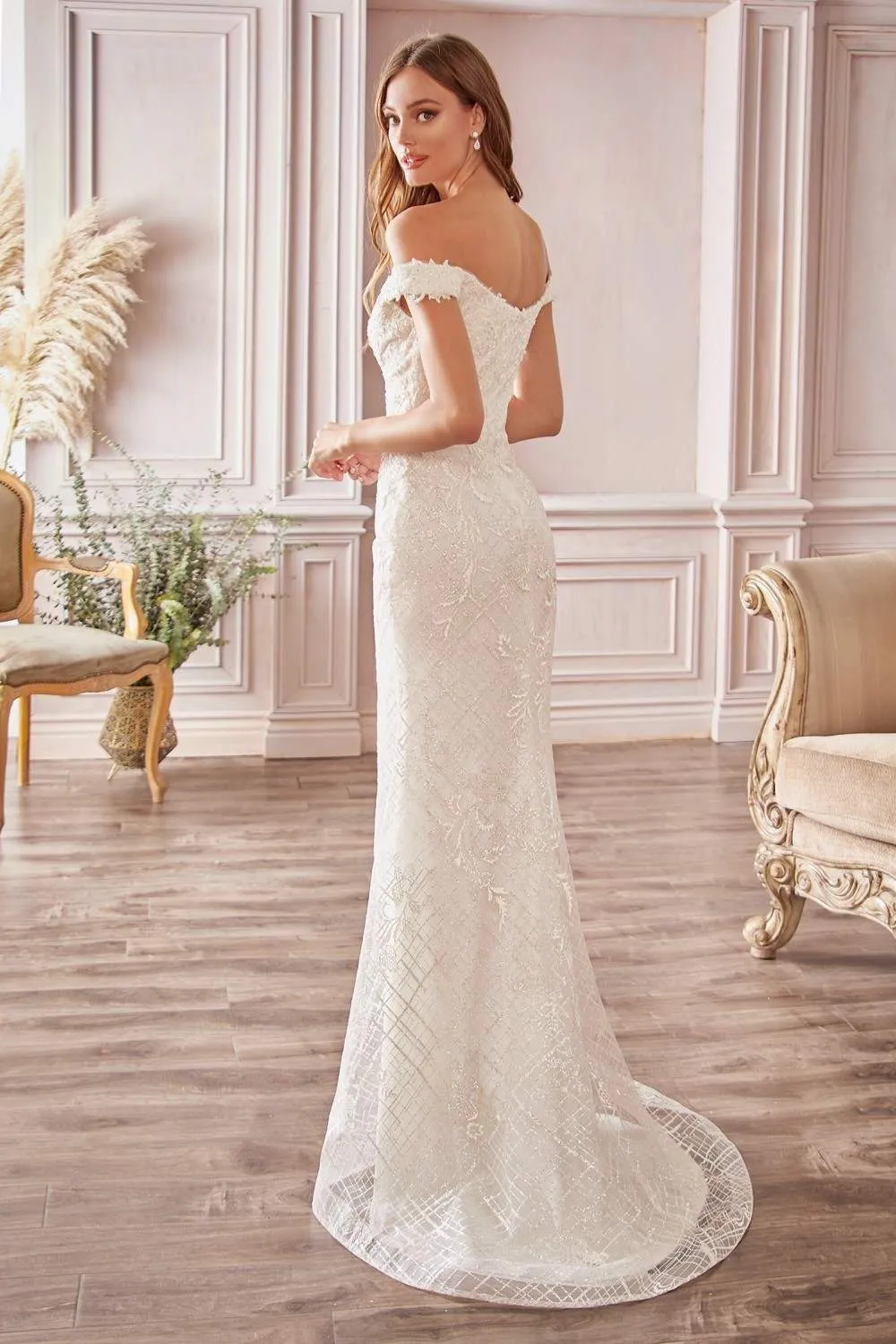 Cinderella Divine CD929 Fitted Off The Shoulder Bridal Gown Floral Lace Applique