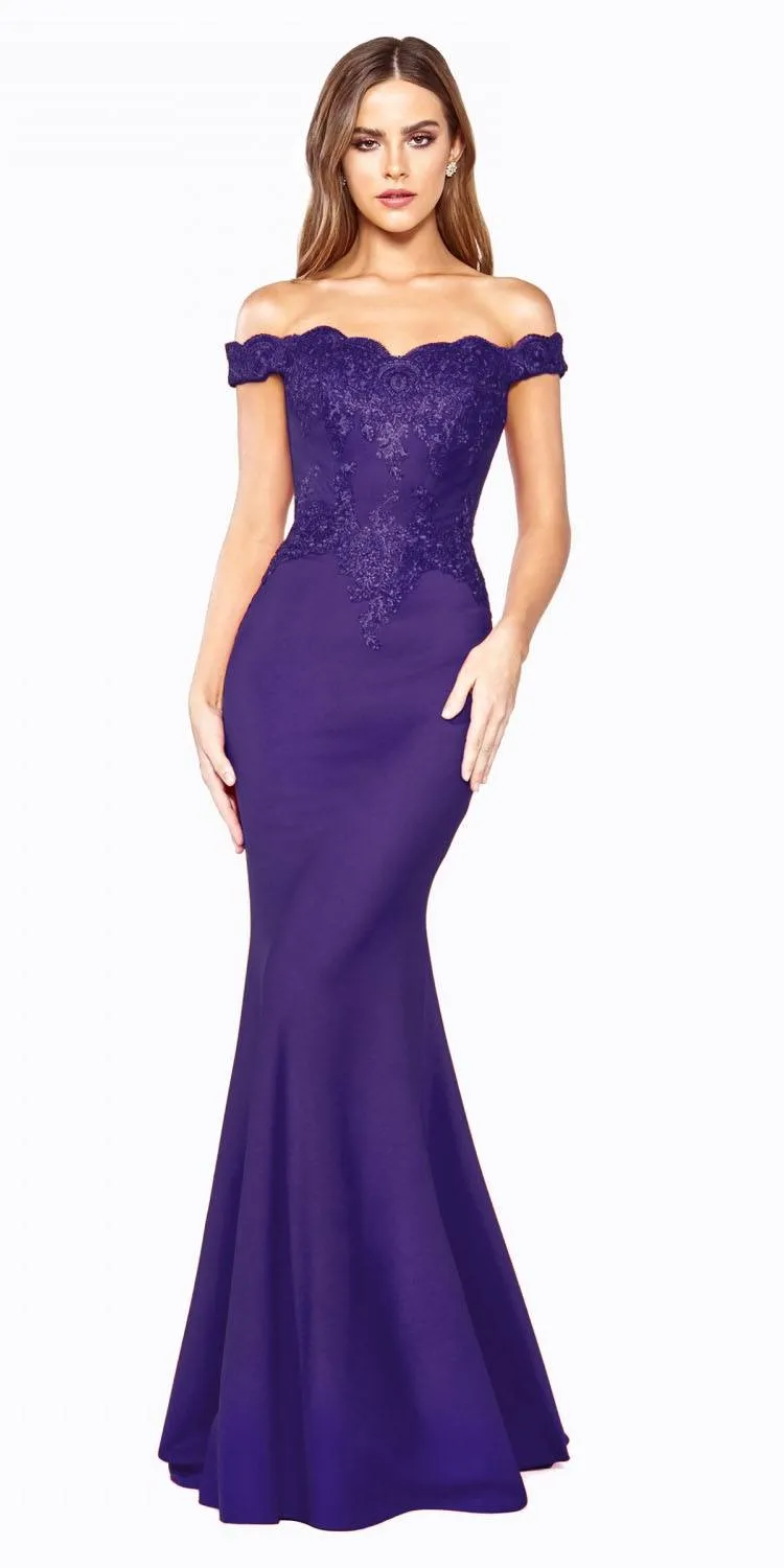 Cinderella Divine CF158 Off Shoulder Floor Length Evening Gown Applique Bodice