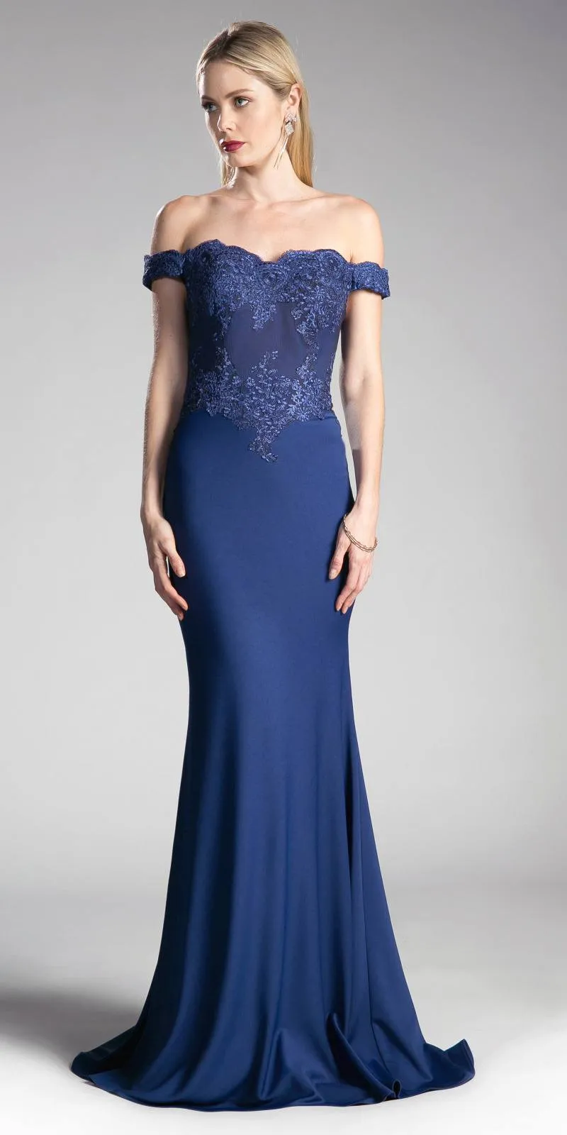 Cinderella Divine CF158 Off Shoulder Floor Length Evening Gown Applique Bodice