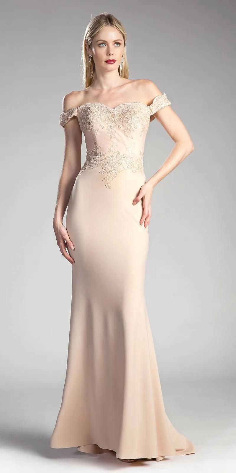 Cinderella Divine CF158 Off Shoulder Floor Length Evening Gown Applique Bodice