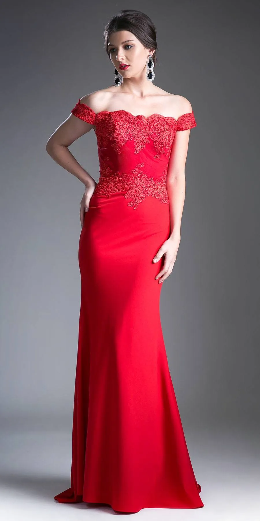 Cinderella Divine CF158 Off Shoulder Floor Length Evening Gown Applique Bodice