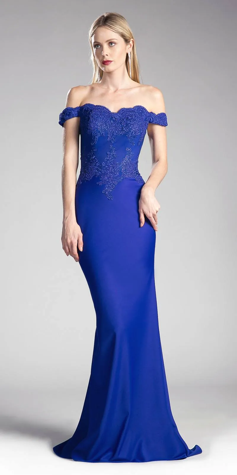 Cinderella Divine CF158 Off Shoulder Floor Length Evening Gown Applique Bodice
