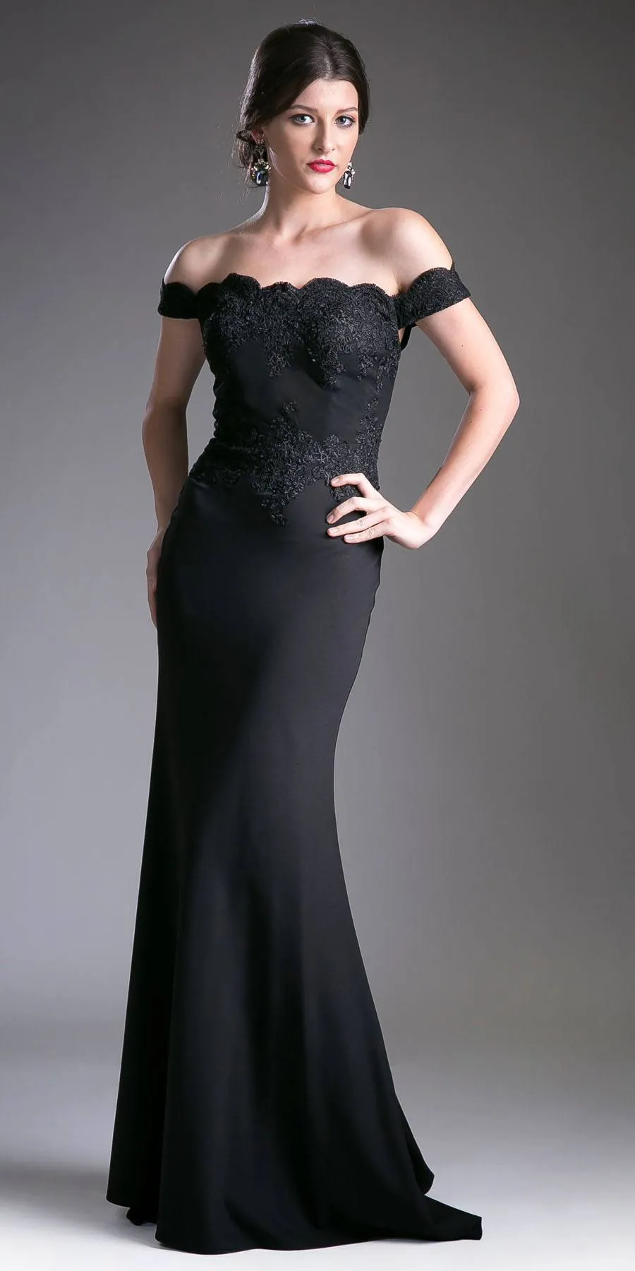 Cinderella Divine CF158 Off Shoulder Floor Length Evening Gown Applique Bodice