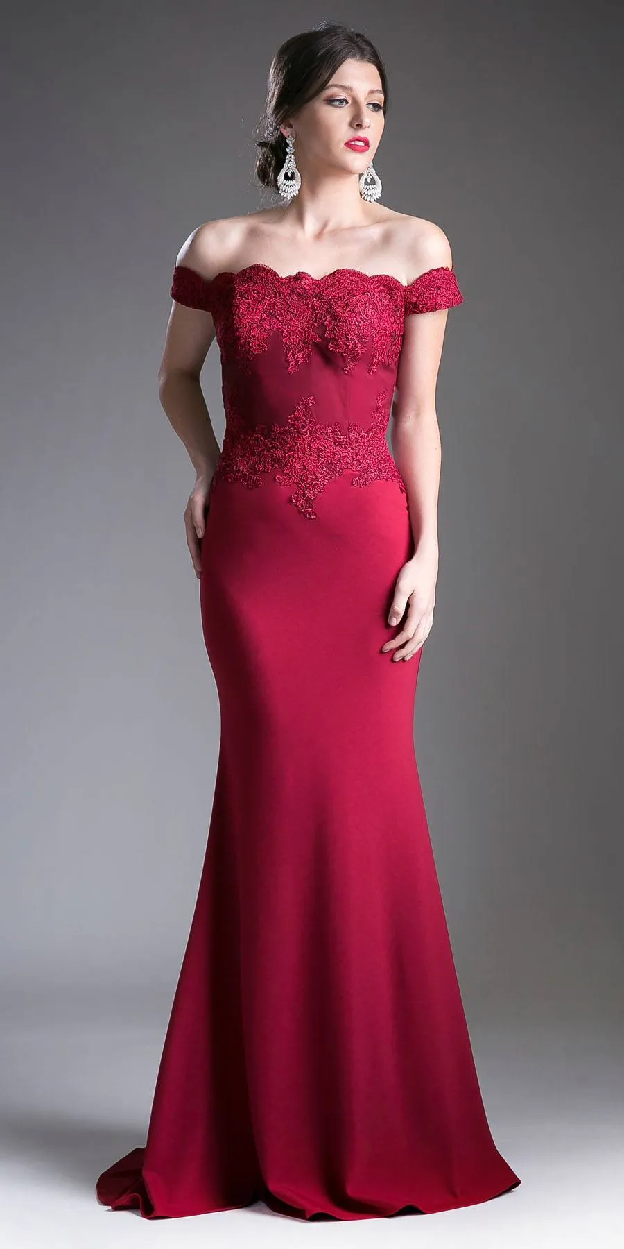 Cinderella Divine CF158 Off Shoulder Floor Length Evening Gown Applique Bodice