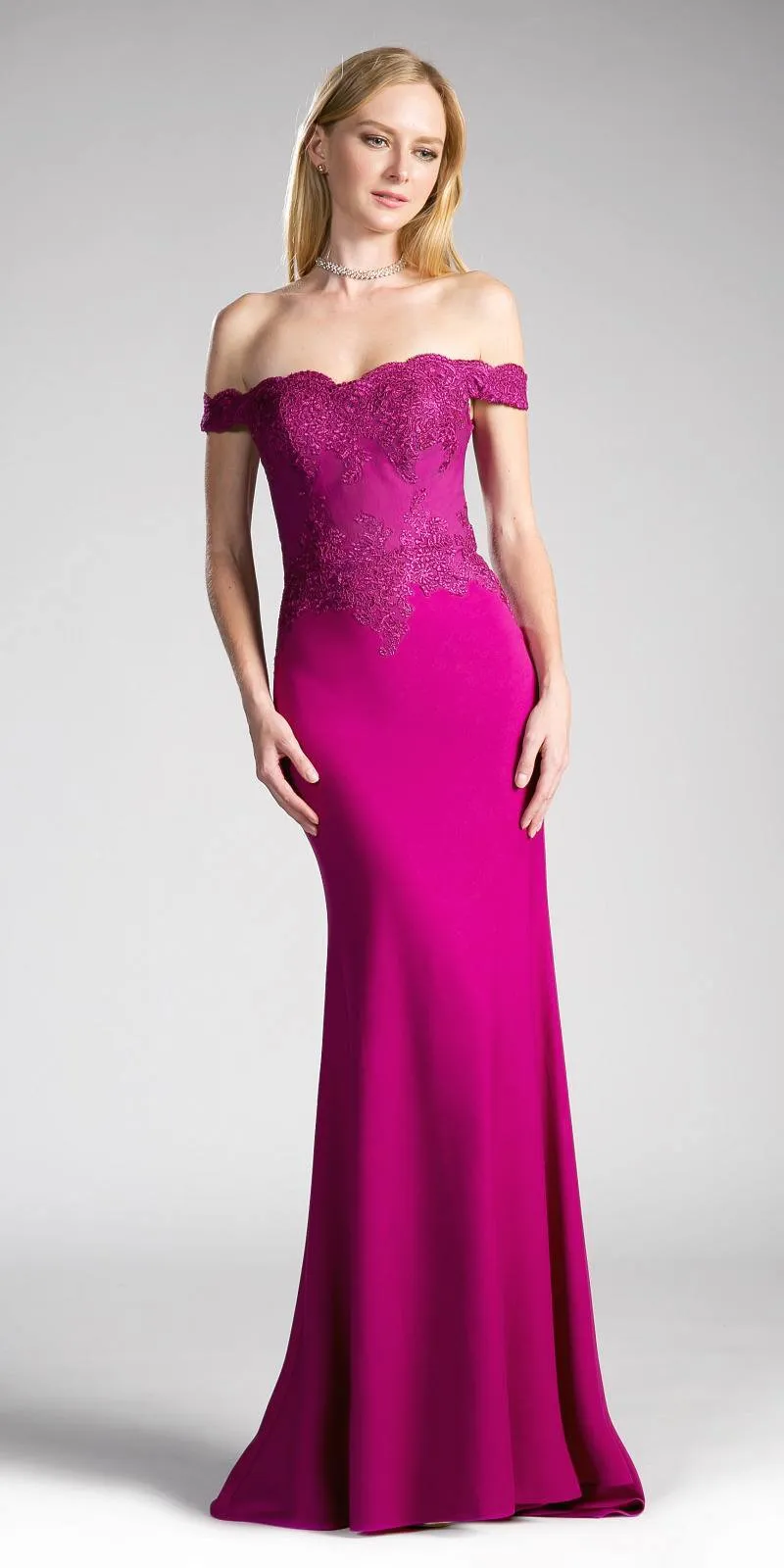 Cinderella Divine CF158 Off Shoulder Floor Length Evening Gown Applique Bodice