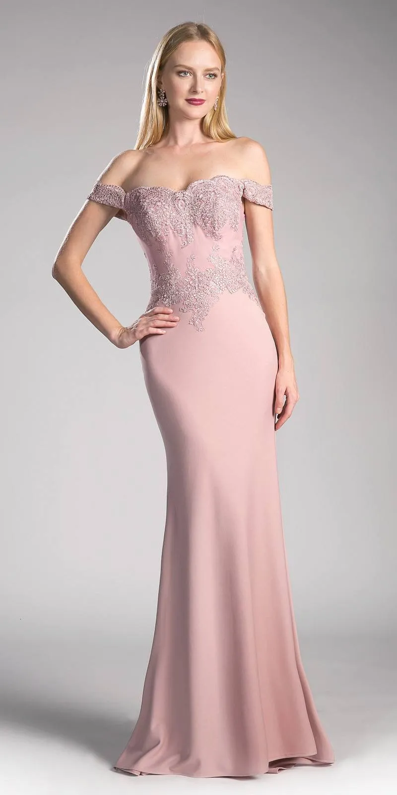 Cinderella Divine CF158 Off Shoulder Floor Length Evening Gown Applique Bodice