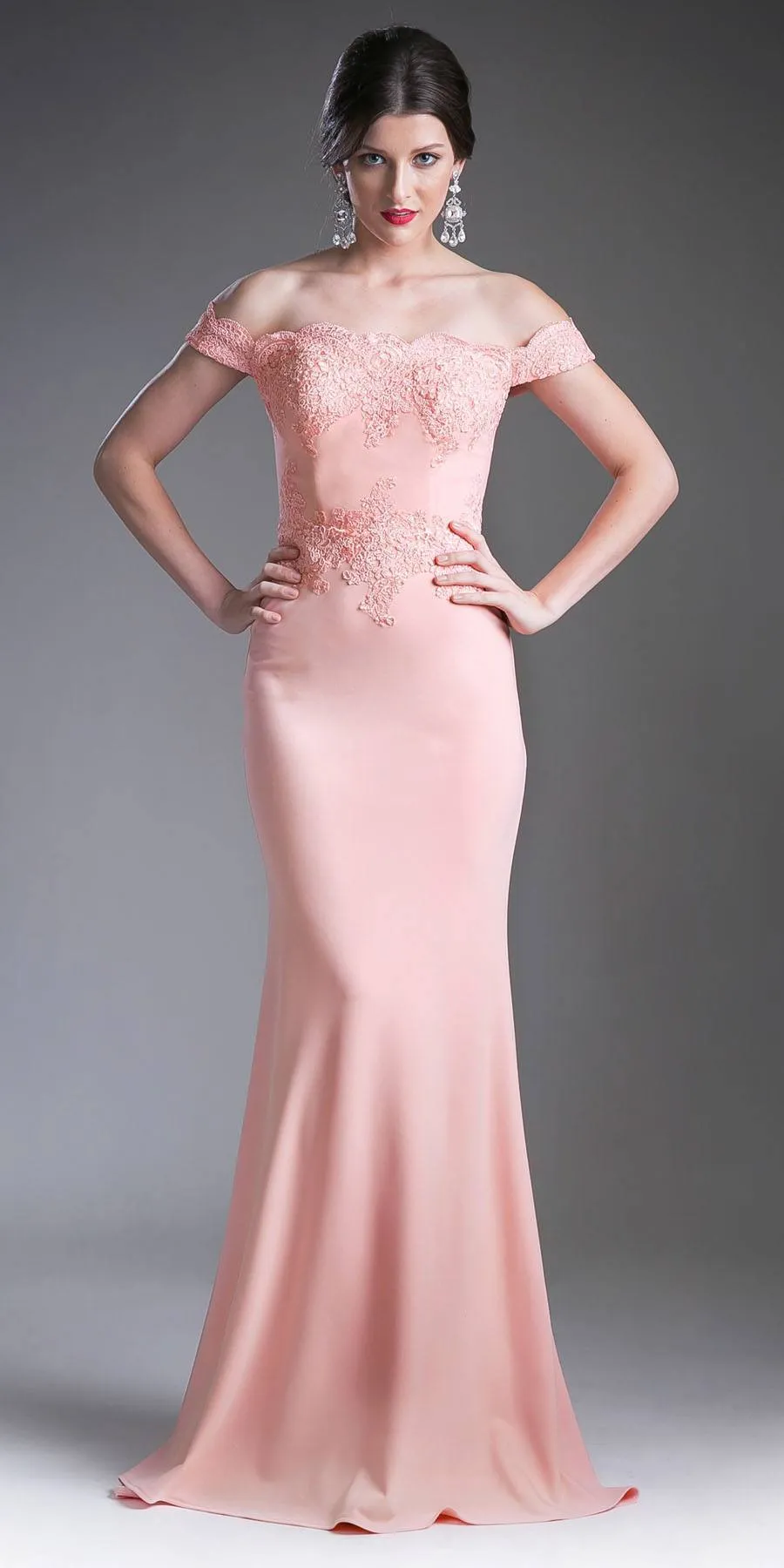 Cinderella Divine CF158 Off Shoulder Floor Length Evening Gown Applique Bodice