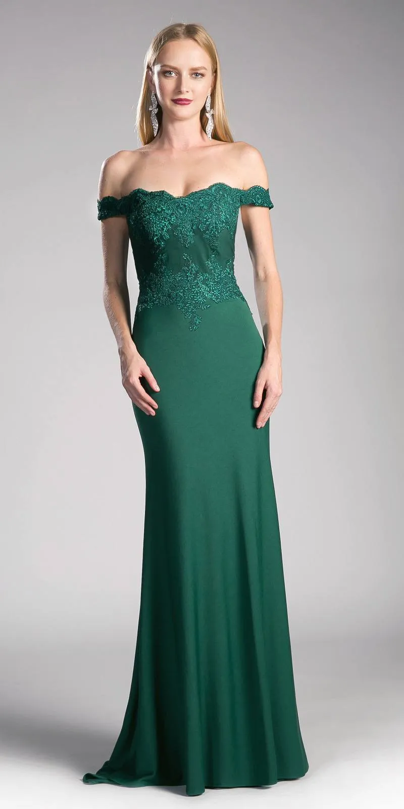 Cinderella Divine CF158 Off Shoulder Floor Length Evening Gown Applique Bodice