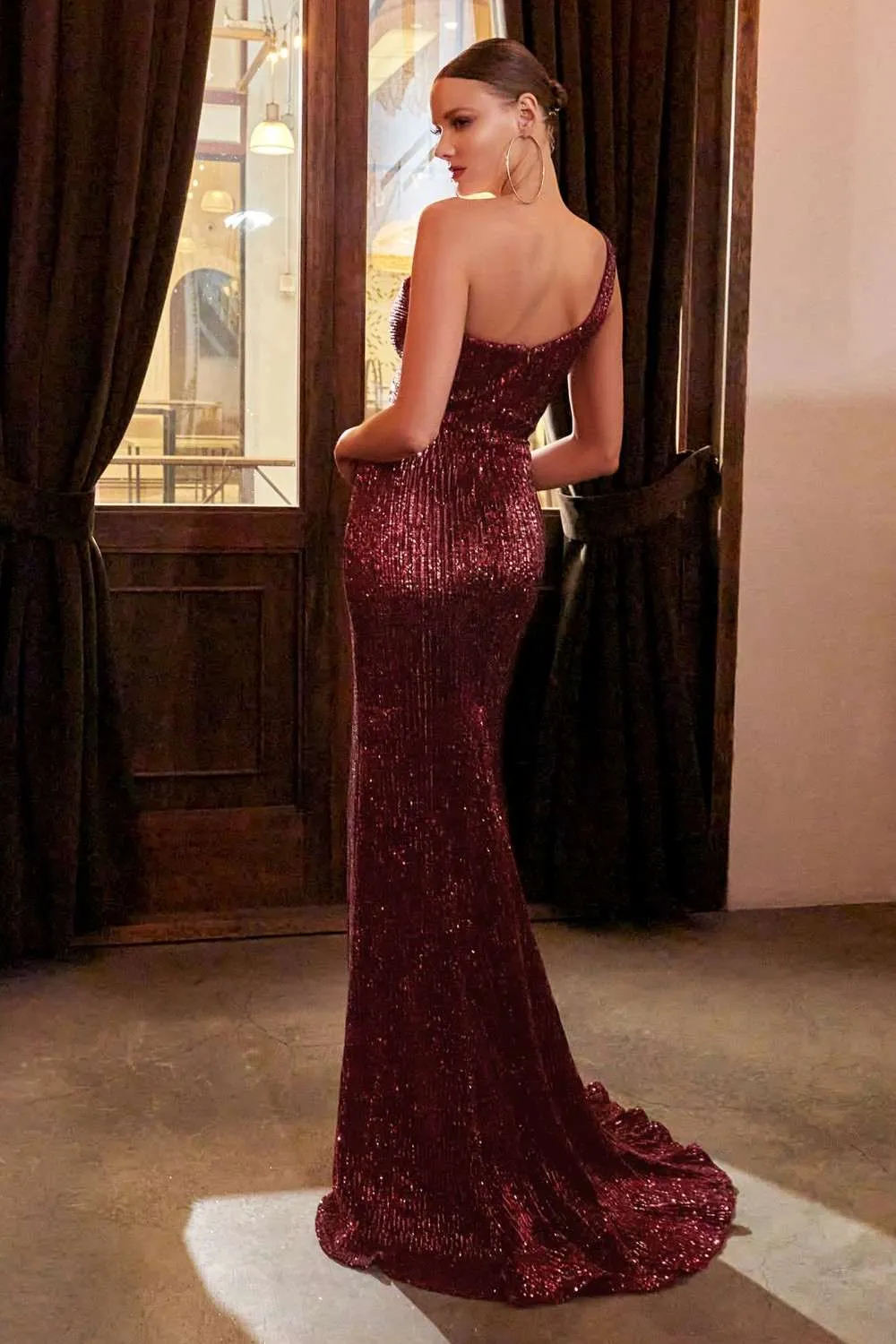 Cinderella Divine CH182 Floor Length One Shoulder Sequins Column Gown