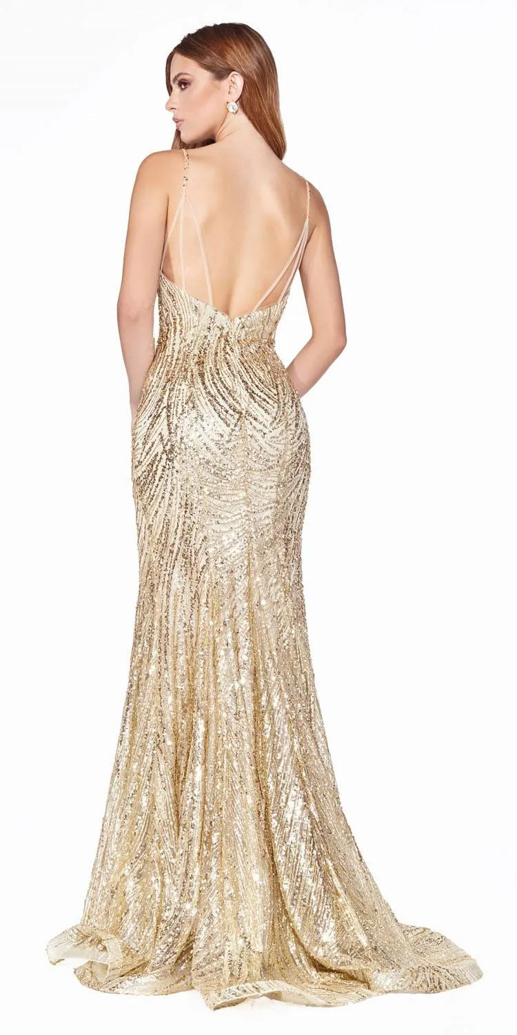 Cinderella Divine CR844 Long Glitter Mermaid Formal Dress V-Neck