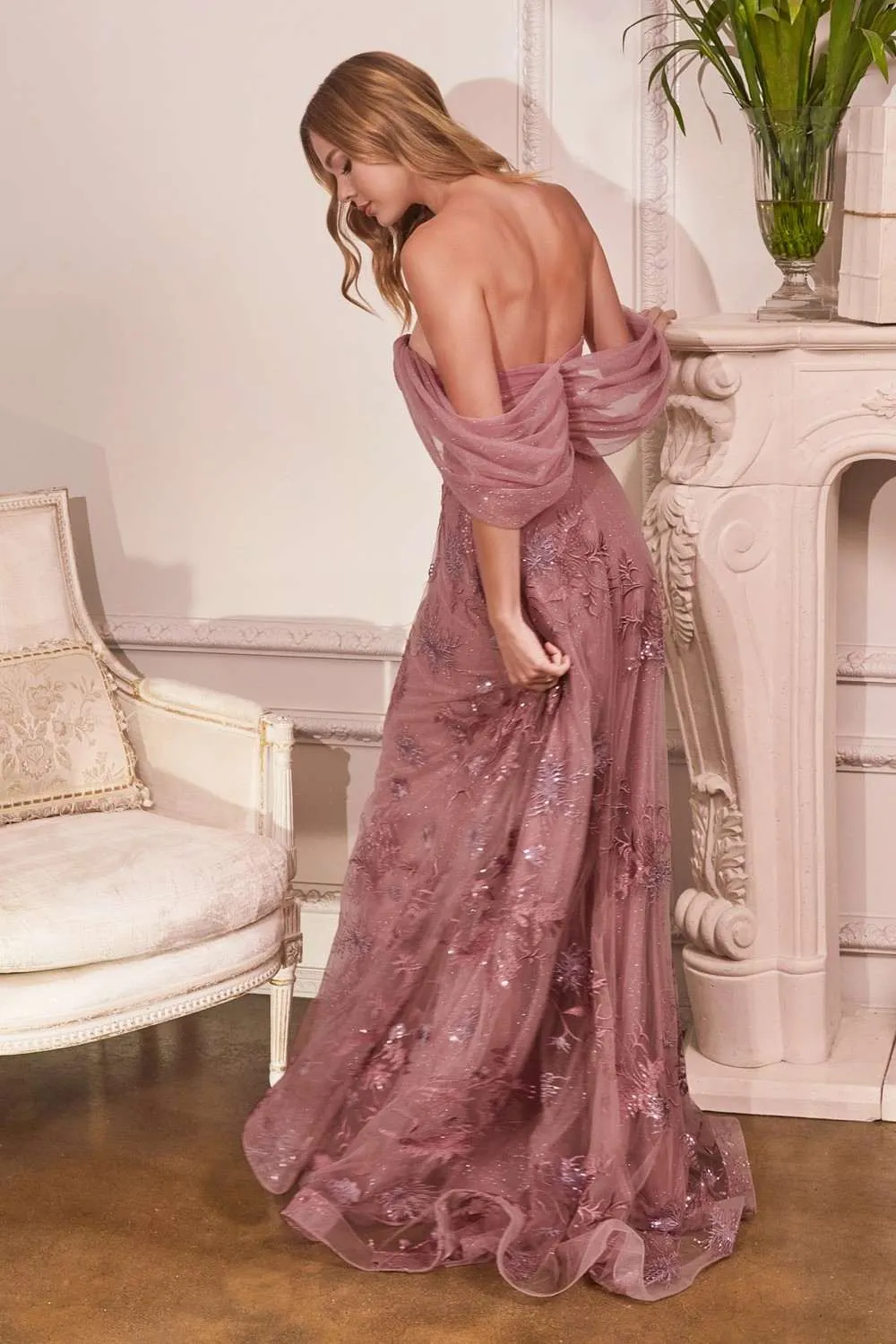Cinderella Divine OC008 Floral Applique Off the Shoulder Dress