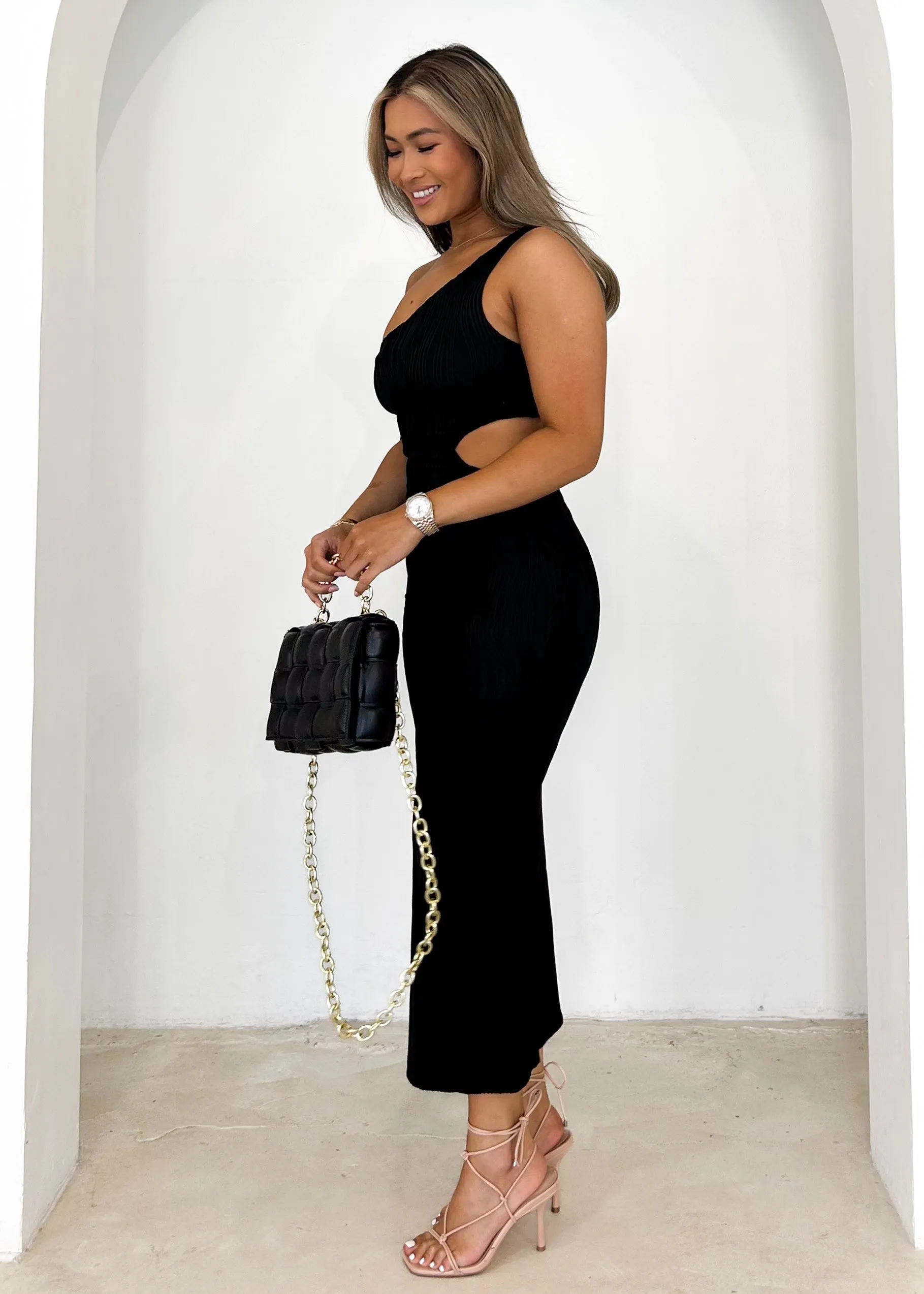 Citra One Shoulder Midi Dress - Black