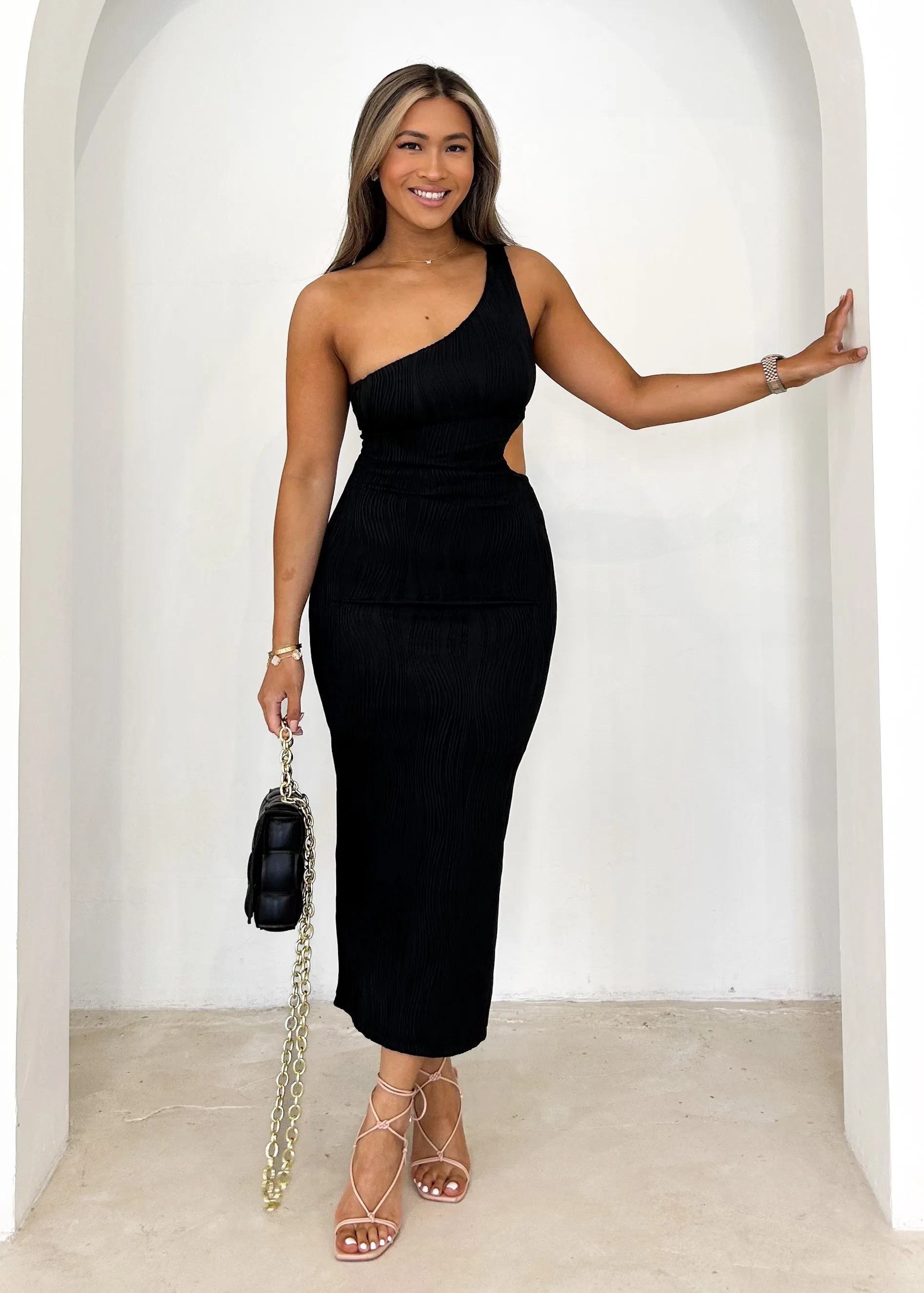 Citra One Shoulder Midi Dress - Black