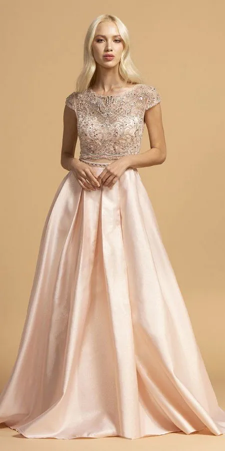 CLEARANCE - Aspeed L2157 Short Sleeved Long A-Line Dress Sheer Midriff (Size Large)