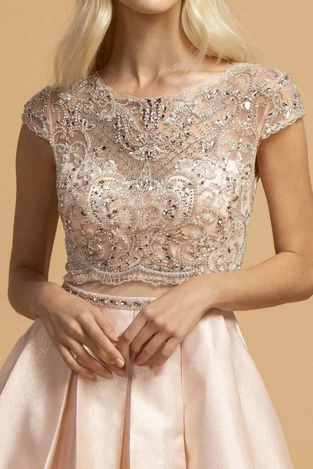 CLEARANCE - Aspeed L2157 Short Sleeved Long A-Line Dress Sheer Midriff (Size Large)