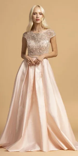 CLEARANCE - Aspeed L2157 Short Sleeved Long A-Line Dress Sheer Midriff (Size Large)