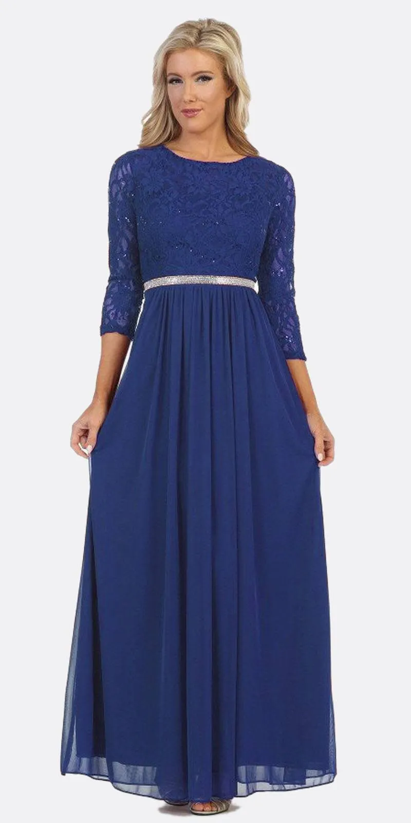 CLEARANCE - Celavie 6305L Three-Quarter Length Lace Sleeve Dress A-line (Size M)