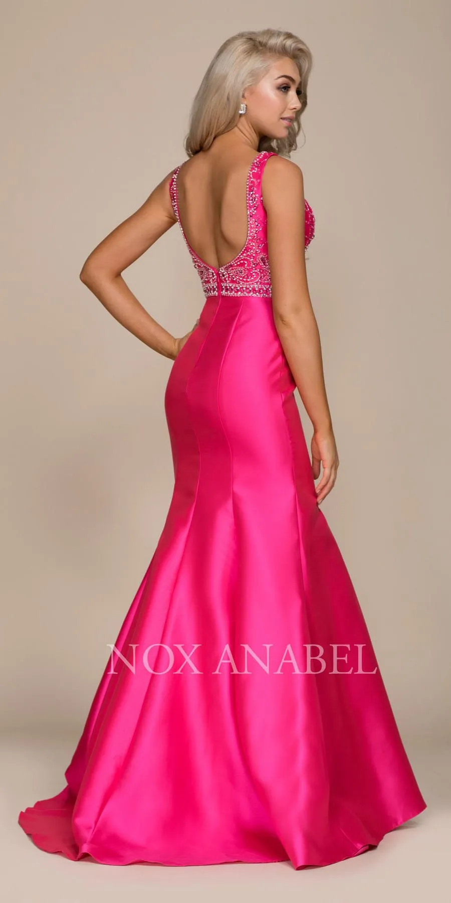 CLEARANCE - Nox Anabel 8307 Mermaid Gown Satin Beaded Bodice Sleeveless (Size M)