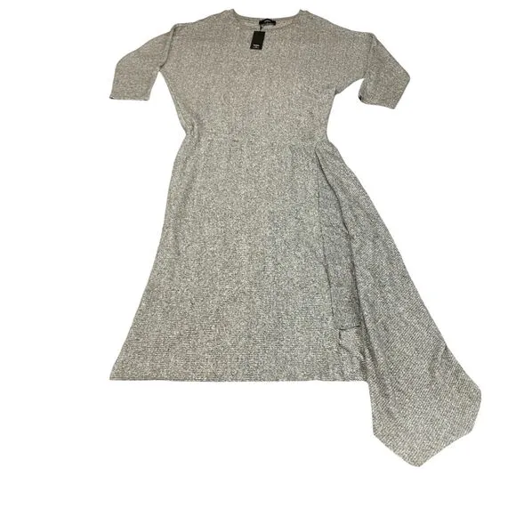 COA Sweater Dress Women's Large Gray Heather Knit Flowy Draped Hem Crew Neck