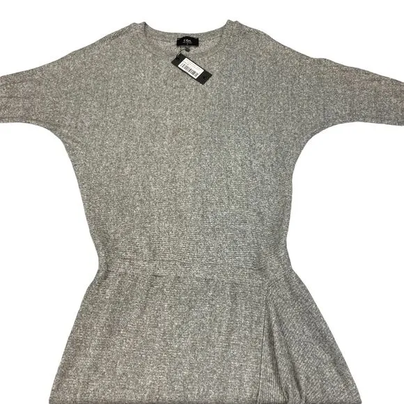 COA Sweater Dress Women's Large Gray Heather Knit Flowy Draped Hem Crew Neck