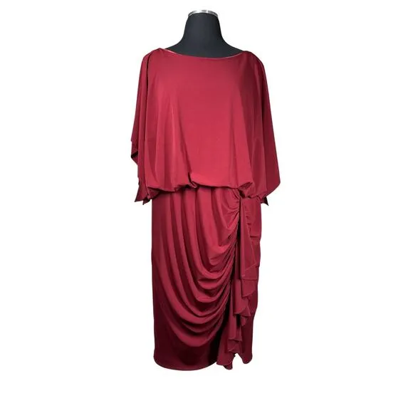 David Meister Dress Draped Front Burgundy Midi Cocktail Vintage Classic Size 18W