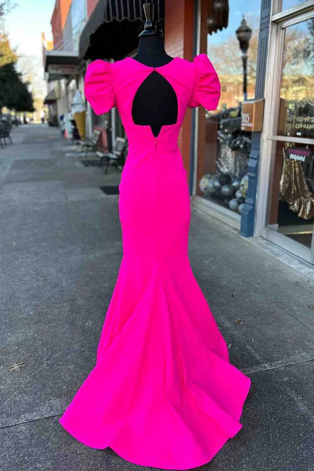 Deep V-Neck Hot Pink Mermaid Long Prom Dress with Balloon Sleeves