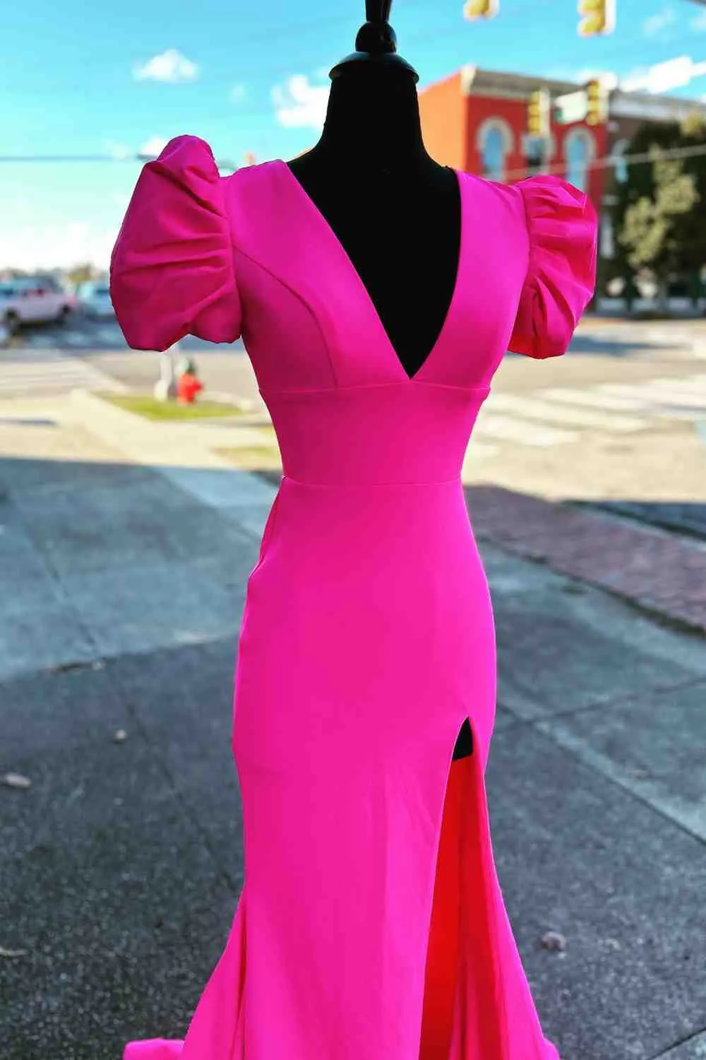 Deep V-Neck Hot Pink Mermaid Long Prom Dress with Balloon Sleeves