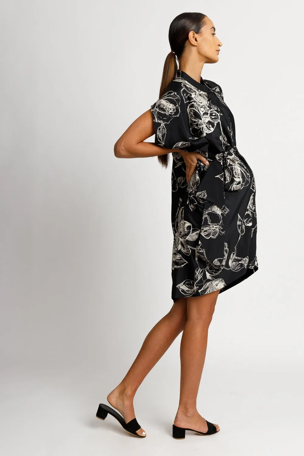 Draped Button Down Shirt Dress - Black Floral