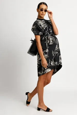 Draped Button Down Shirt Dress - Black Floral