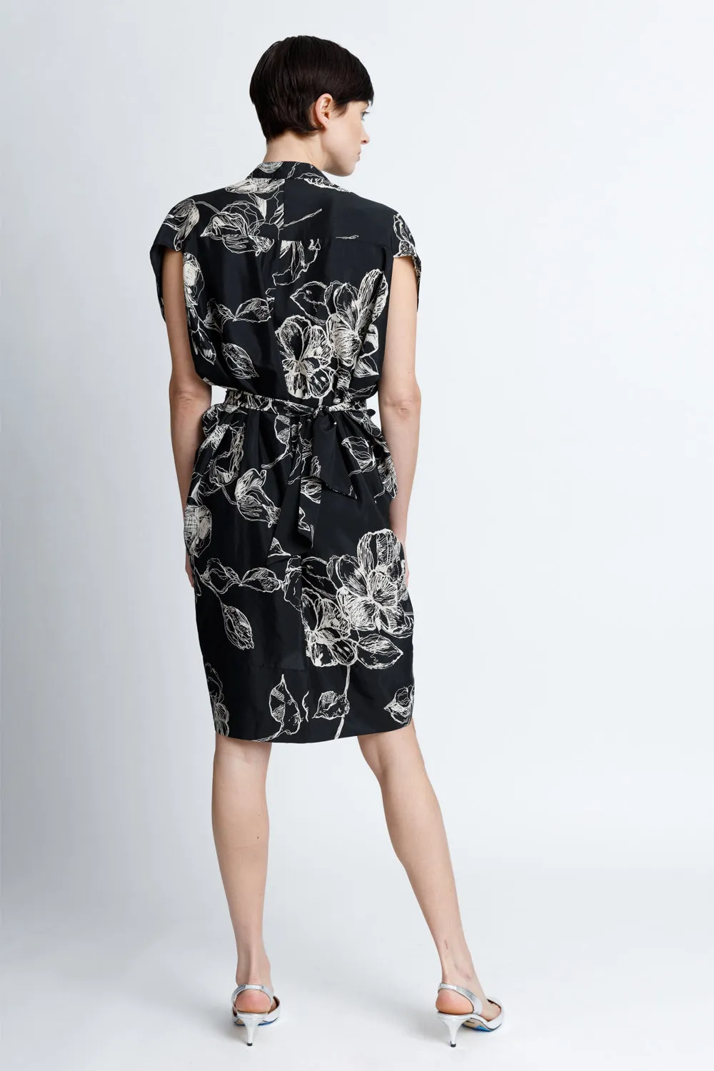 Draped Button Down Shirt Dress - Black Floral