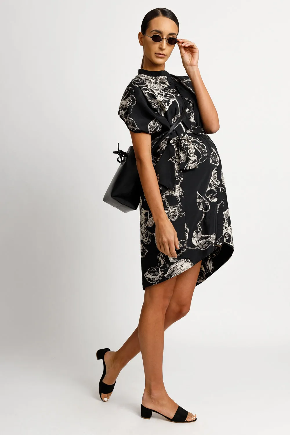 Draped Button Down Shirt Dress - Black Floral