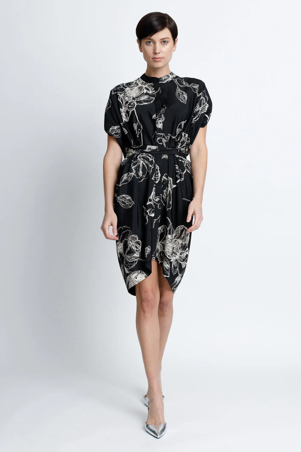 Draped Button Down Shirt Dress - Black Floral
