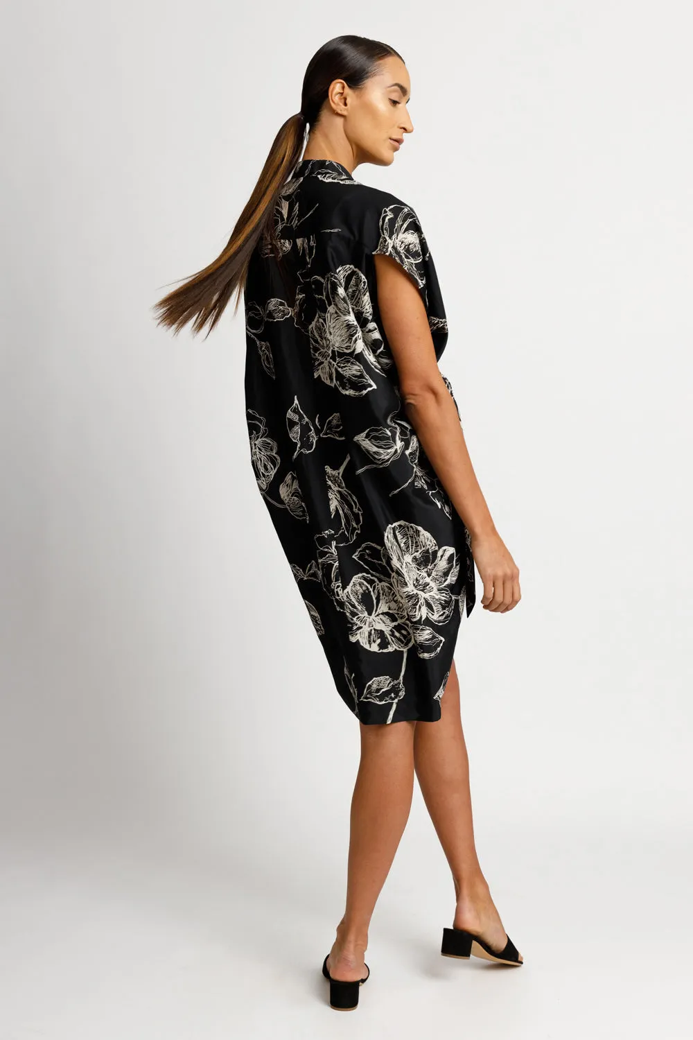 Draped Button Down Shirt Dress - Black Floral