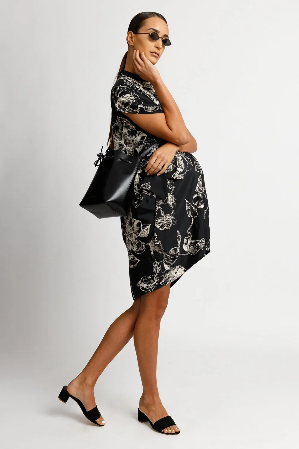 Draped Button Down Shirt Dress - Black Floral