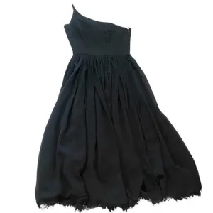 Dress The Population Black One Shoulder Midi Cocktail Flowy Dress Raw Hem Sz XS