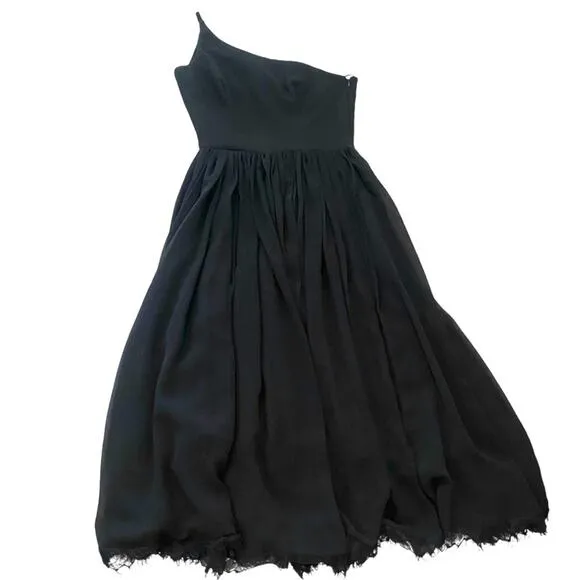 Dress The Population Black One Shoulder Midi Cocktail Flowy Dress Raw Hem Sz XS