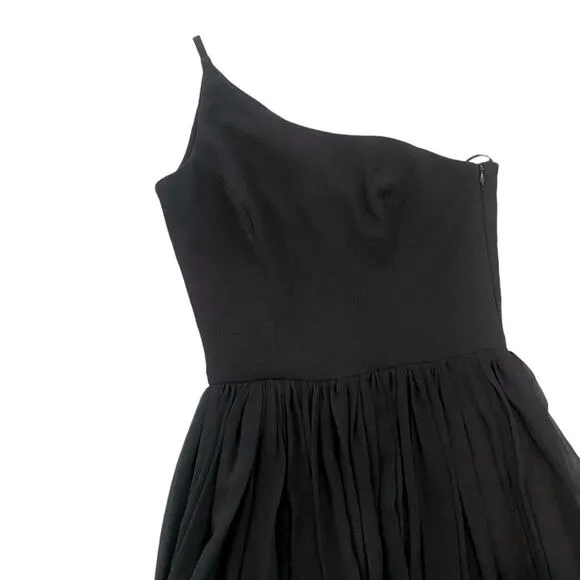 Dress The Population Black One Shoulder Midi Cocktail Flowy Dress Raw Hem Sz XS