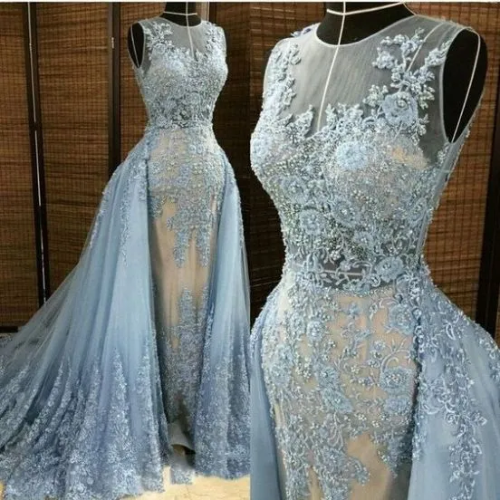 dusty blue evening dresses long detachable train lace appliqué beaded elegant sleeveless evening gown